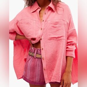 Free People Cardiff Cotton Gauze Button-up Shirt In Pinky Promise NWT